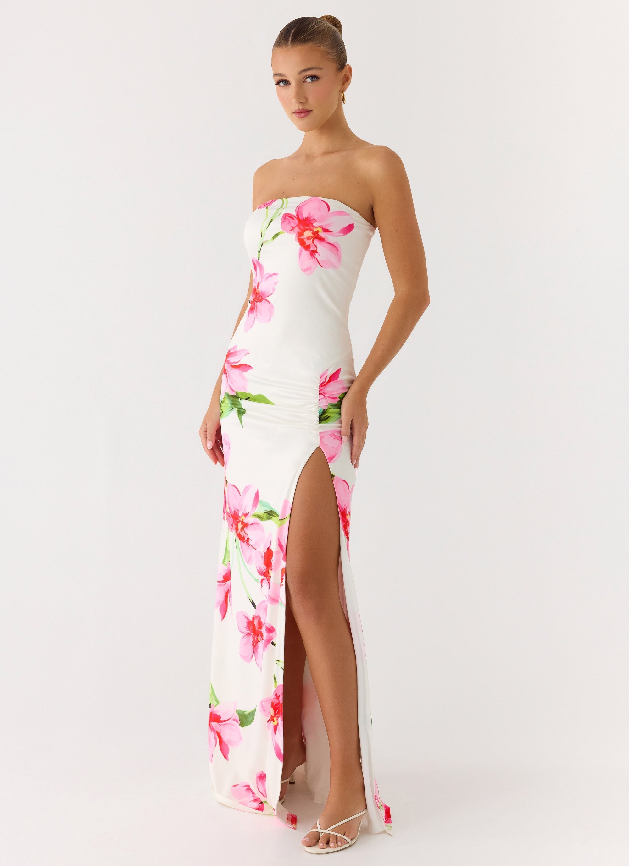 Elegant Collection | White Maxi Dress with Strapless Design & Front Slit for Effortless Style 0
