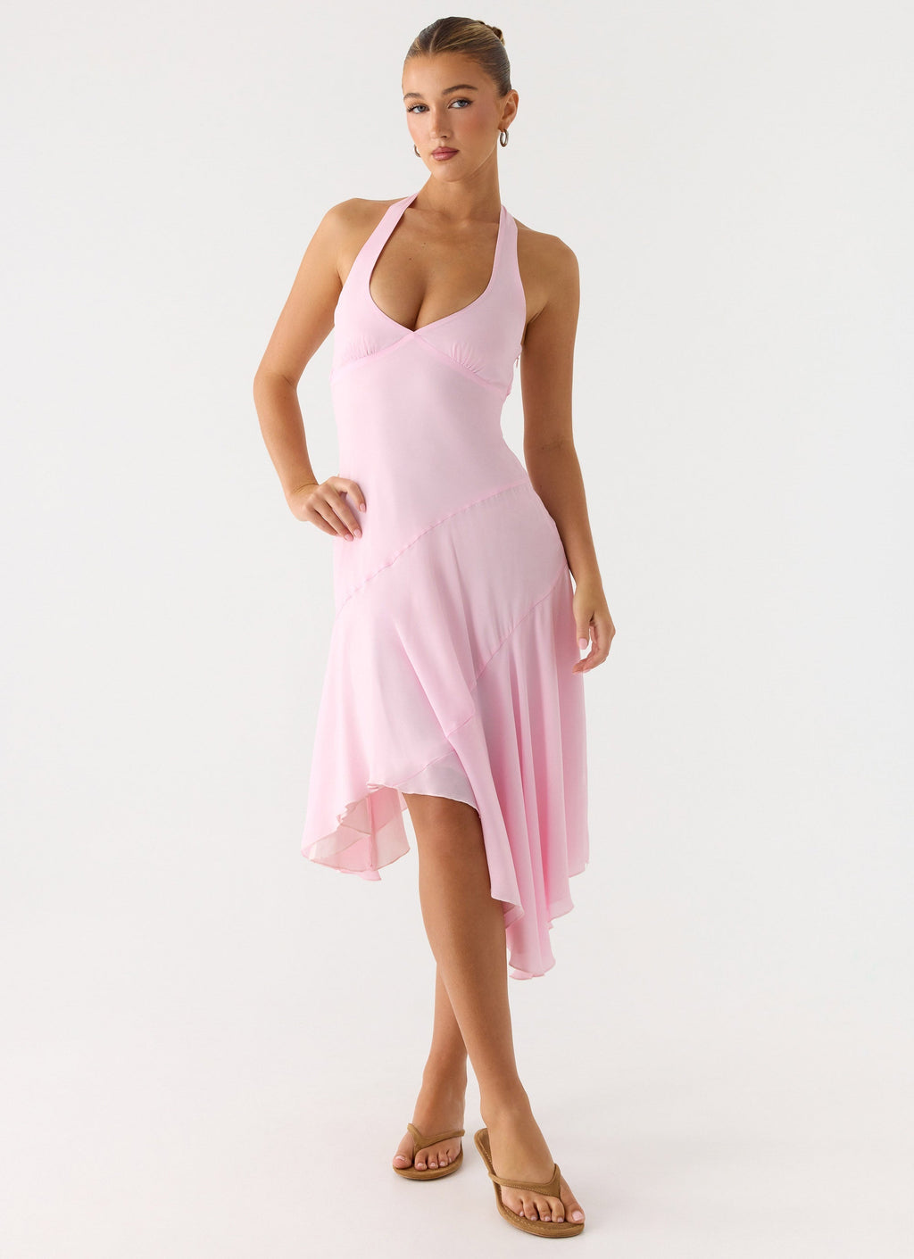 Faelie Collection | Pink Midi Dress with Halter Neck & Asymmetrical Hemline | Elegant Style for Day-to-Night Wear 0