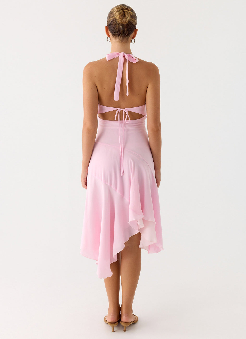 Faelie Collection | Pink Midi Dress with Halter Neck & Asymmetrical Hemline | Elegant Style for Day-to-Night Wear 1