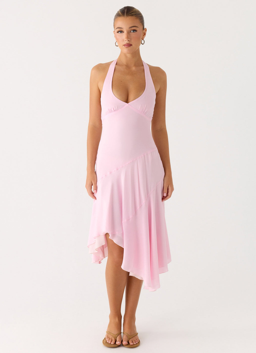 Faelie Collection | Pink Midi Dress with Halter Neck & Asymmetrical Hemline | Elegant Style for Day-to-Night Wear 3