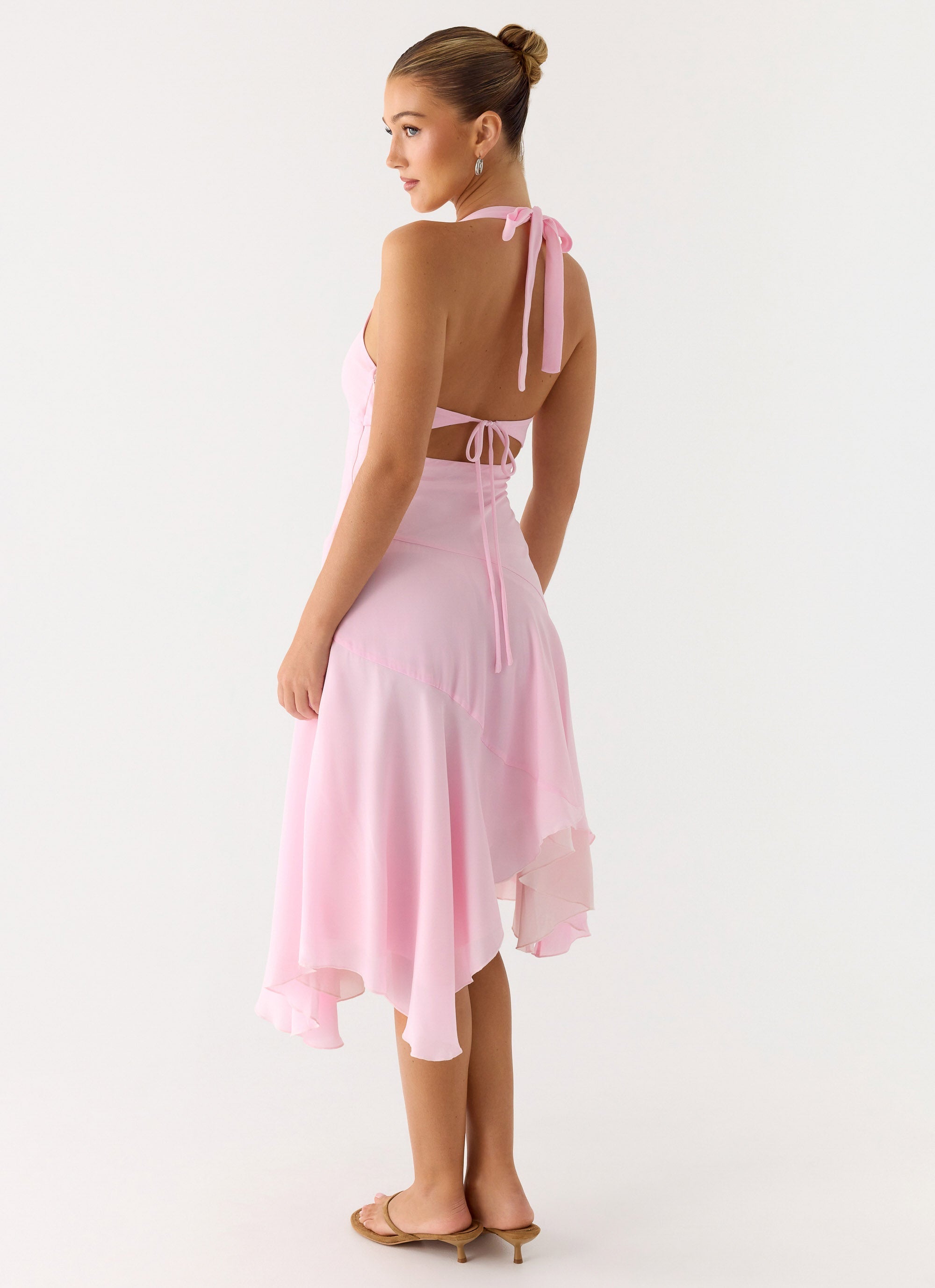 Faelie Collection | Pink Midi Dress with Halter Neck & Asymmetrical Hemline | Elegant Style for Day-to-Night Wear 5